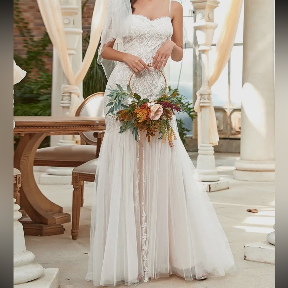 White Nude Lace Fitted Wedding Bridal Mermaid Tulle Stretch Dress Gown